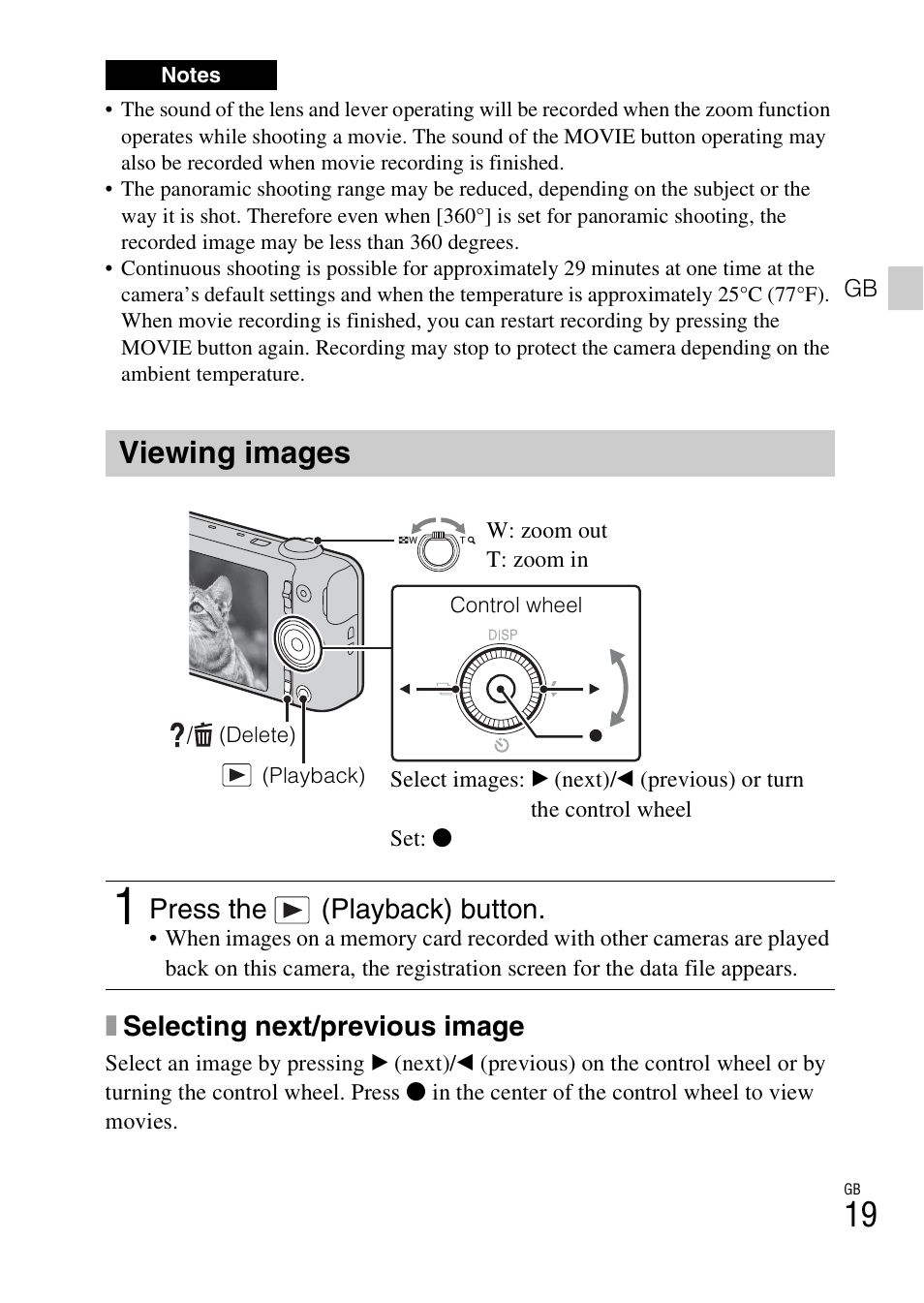 Viewing images, Xselecting next/previous image, Press the (playback) button | Sony DSC-WX60 User Manual | Page 19 / 72