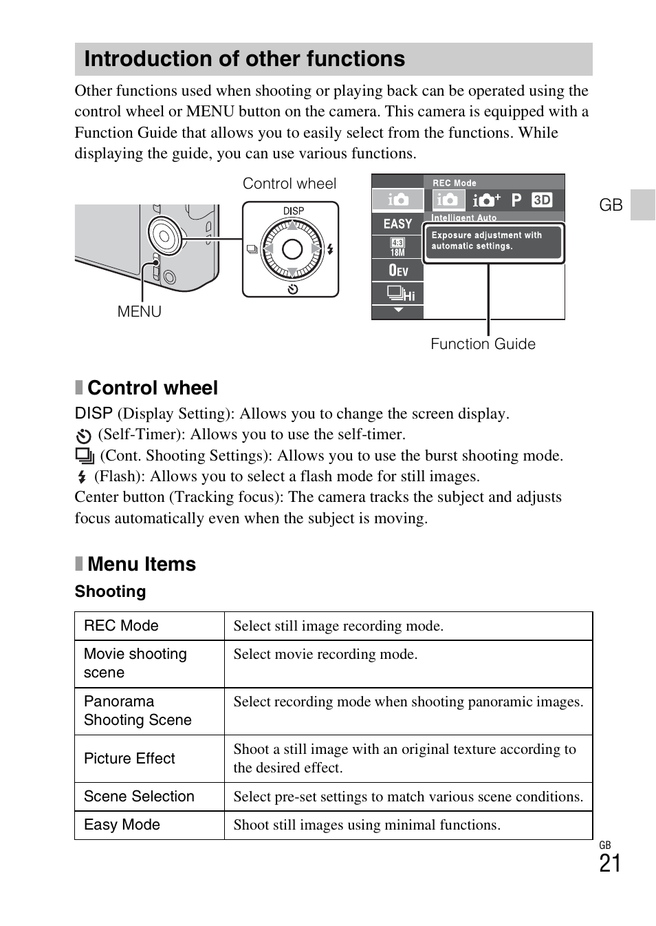 Introduction of other functions, Xcontrol wheel, Xmenu items | Sony DSC-WX60 User Manual | Page 21 / 72