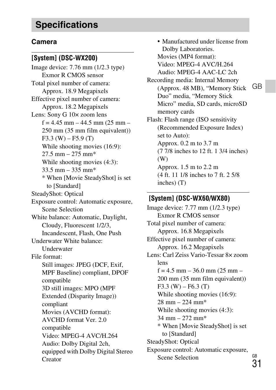 Specifications | Sony DSC-WX60 User Manual | Page 31 / 72