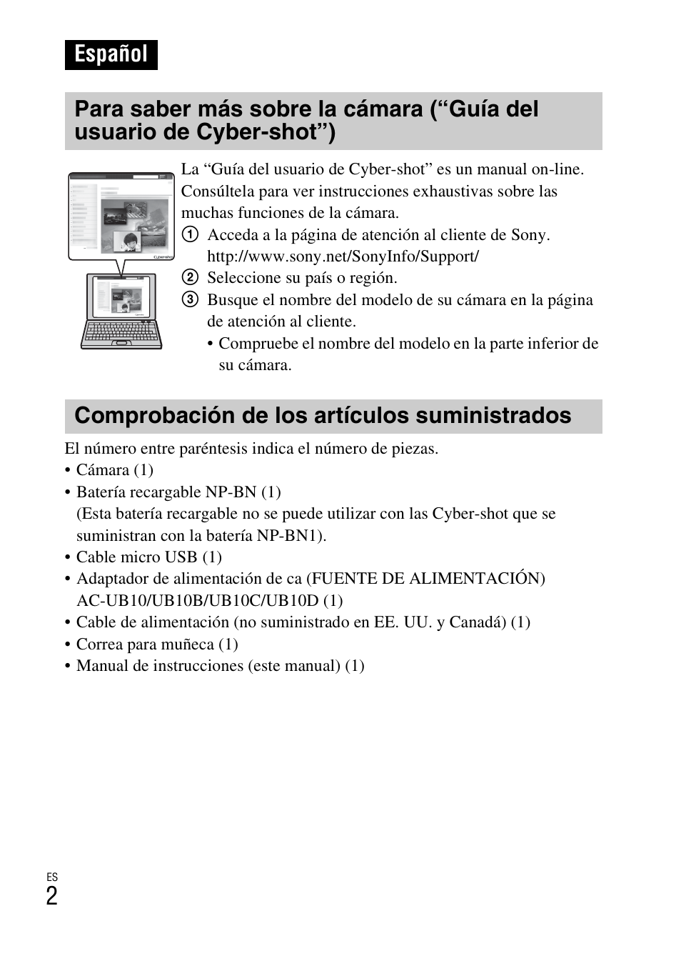 Español, Comprobación de los artículos suministrados | Sony DSC-WX60 User Manual | Page 36 / 72