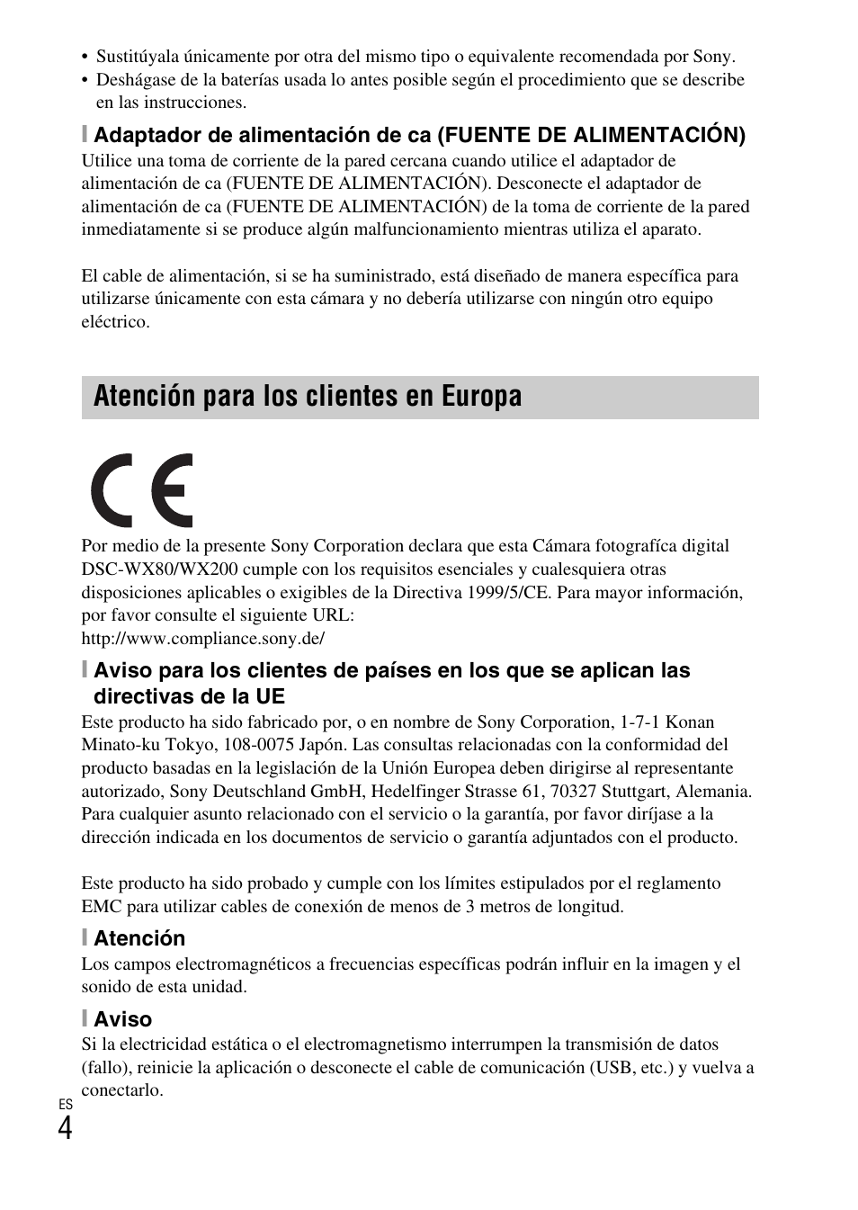 Atención para los clientes en europa | Sony DSC-WX60 User Manual | Page 38 / 72