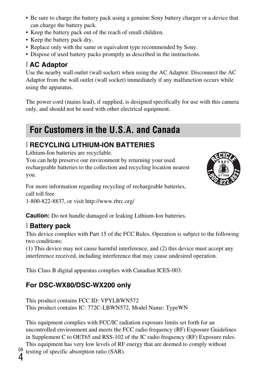 For customers in the u.s.a. and canada | Sony DSC-WX60 User Manual | Page 4 / 72