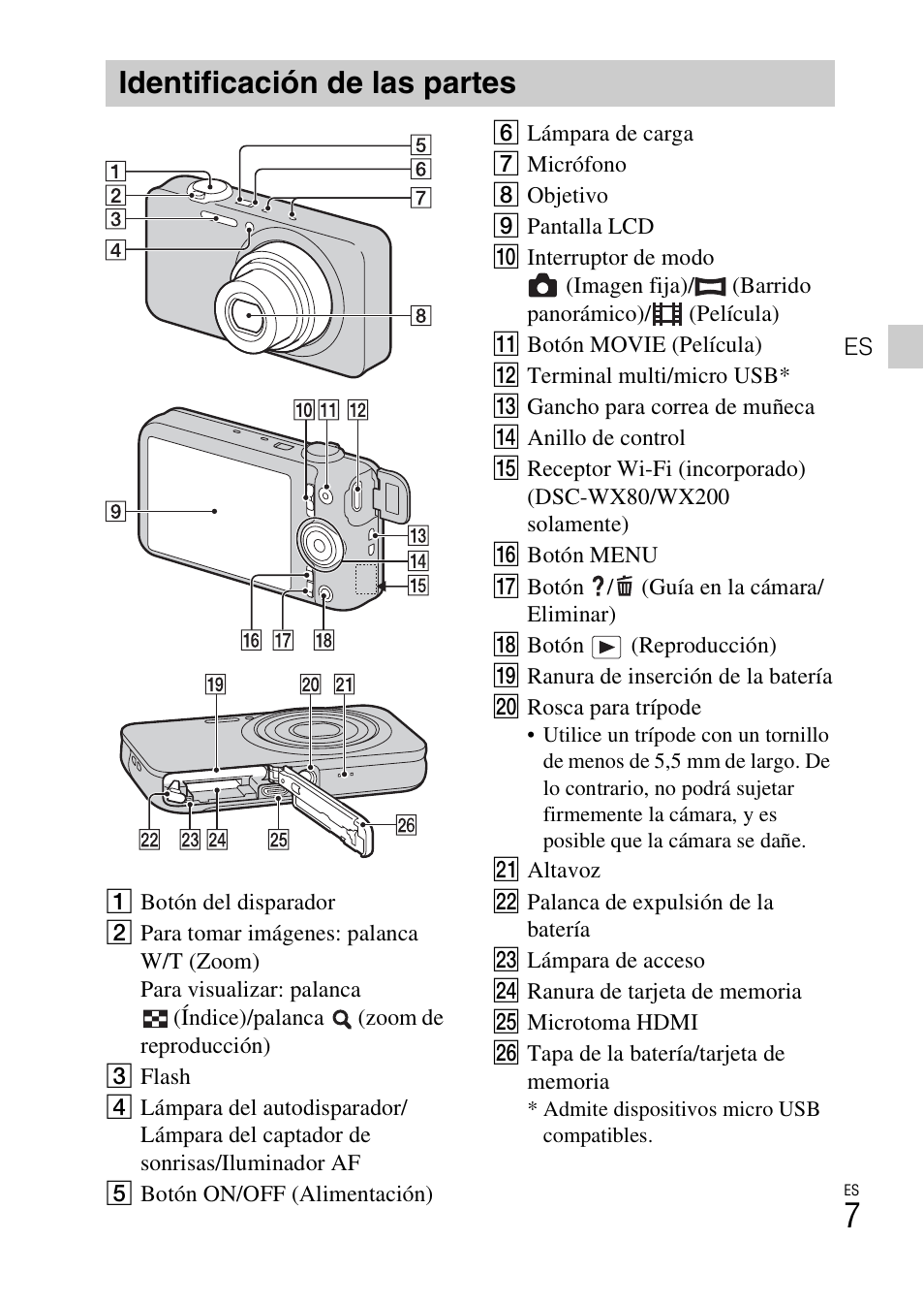 Identificación de las partes | Sony DSC-WX60 User Manual | Page 41 / 72