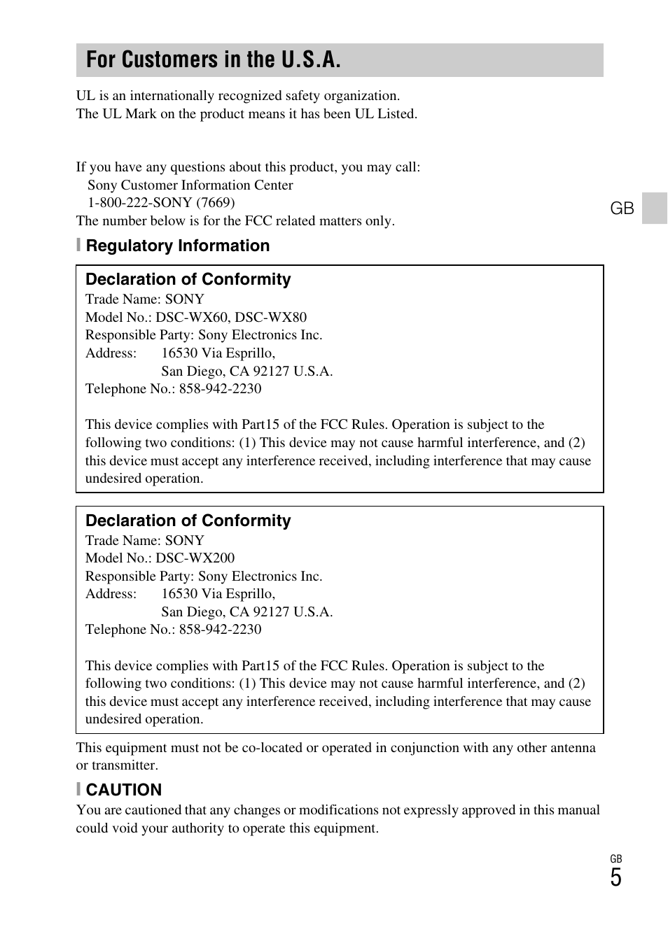 For customers in the u.s.a | Sony DSC-WX60 User Manual | Page 5 / 72