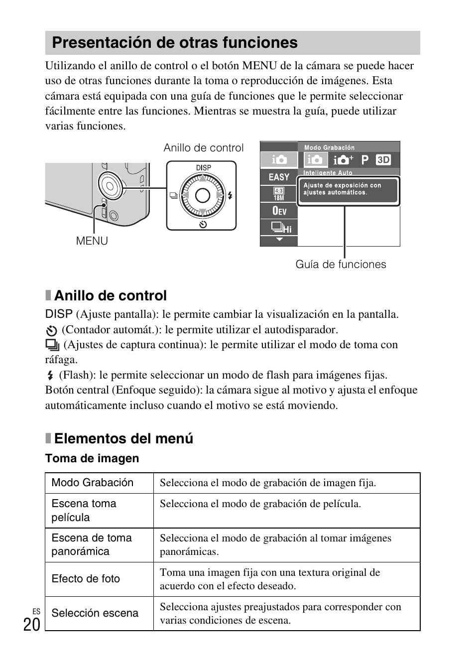 Presentación de otras funciones, Xanillo de control, Xelementos del menú | Sony DSC-WX60 User Manual | Page 54 / 72