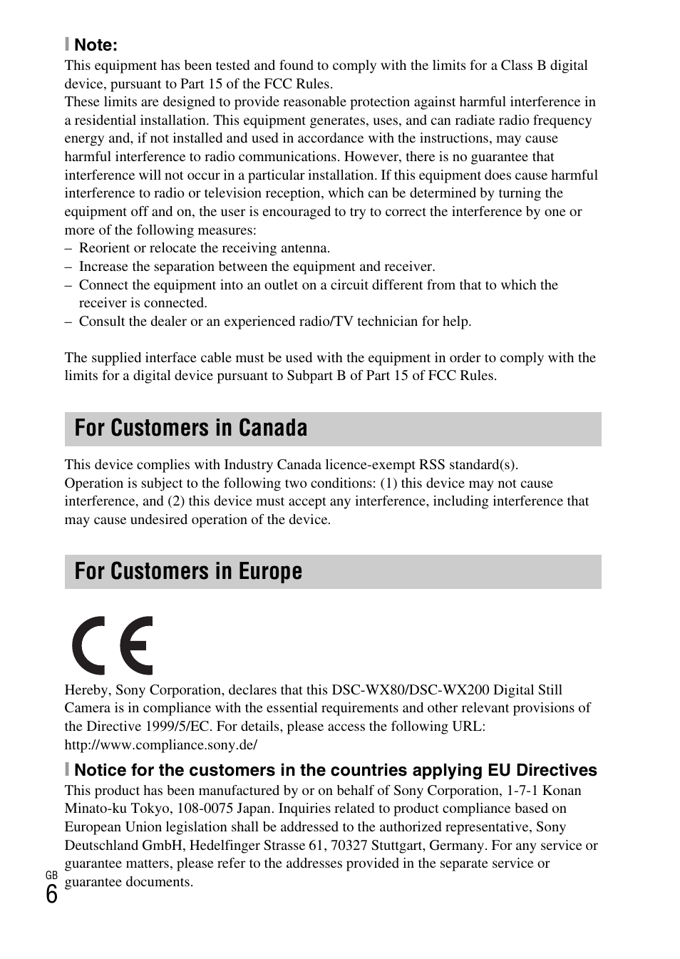 For customers in canada for customers in europe | Sony DSC-WX60 User Manual | Page 6 / 72