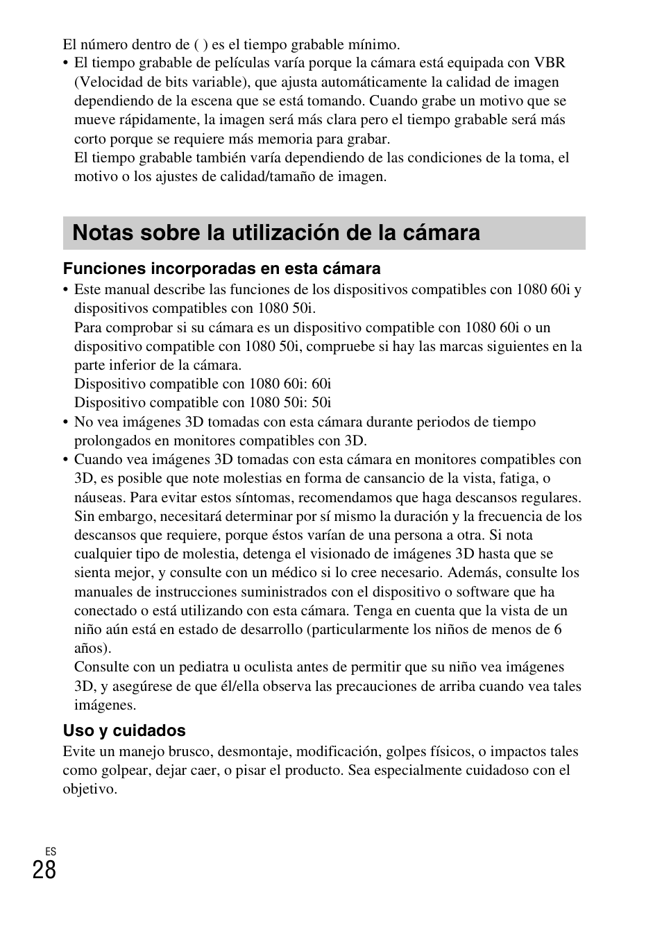 Notas sobre la utilización de la cámara | Sony DSC-WX60 User Manual | Page 62 / 72