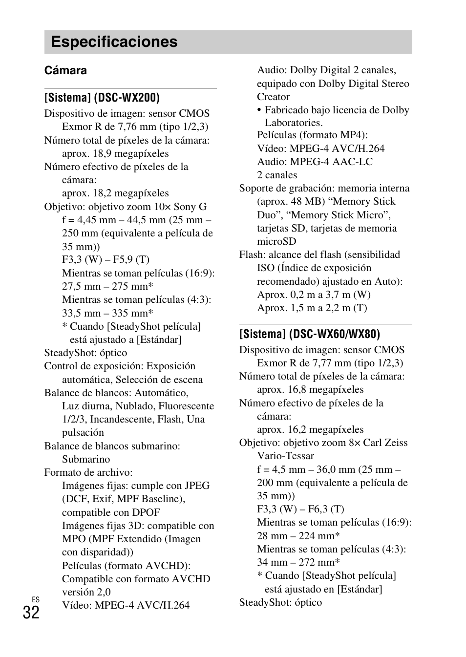 Especificaciones | Sony DSC-WX60 User Manual | Page 66 / 72