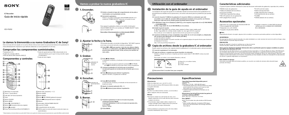 Vamos a probar la nueva grabadora ic, Utilización con el ordenador, Guía de inicio rápido | Componentes y controles, Es gb compruebe los componentes suministrados, Encender, Ajustar la fecha y la hora, Grabar, Escuchar, Borrar | Sony ICD-PX232 User Manual | Page 2 / 2