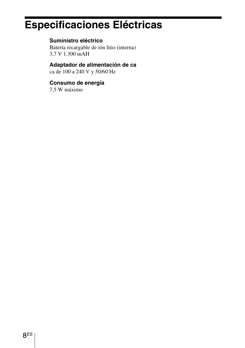 Especificaciones eléctricas | Sony HDPS-M1 User Manual | Page 14 / 24