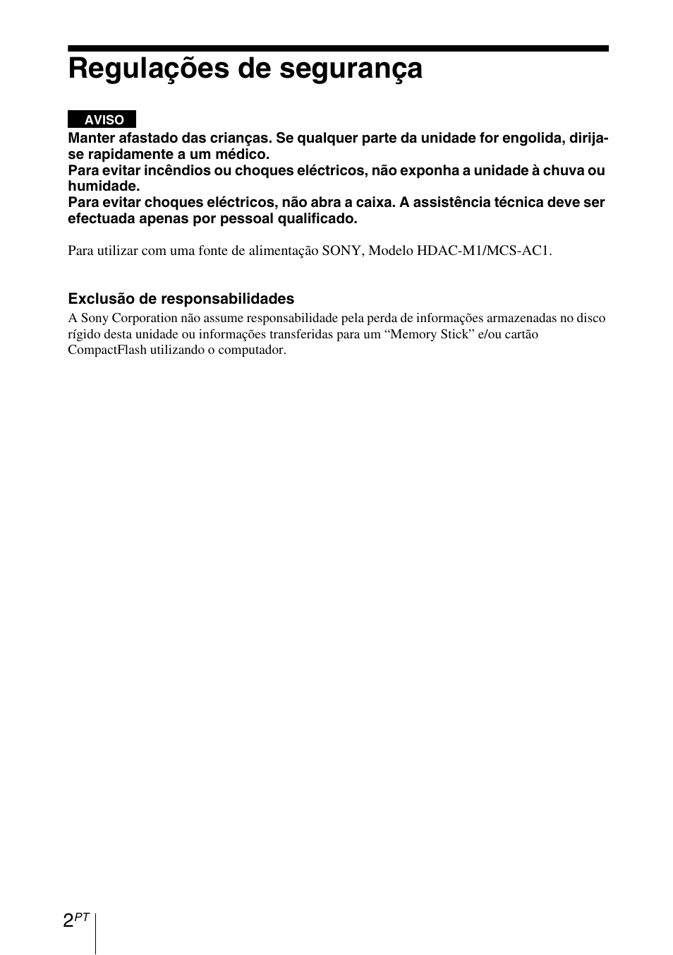 Regulações de segurança | Sony HDPS-M1 User Manual | Page 16 / 24