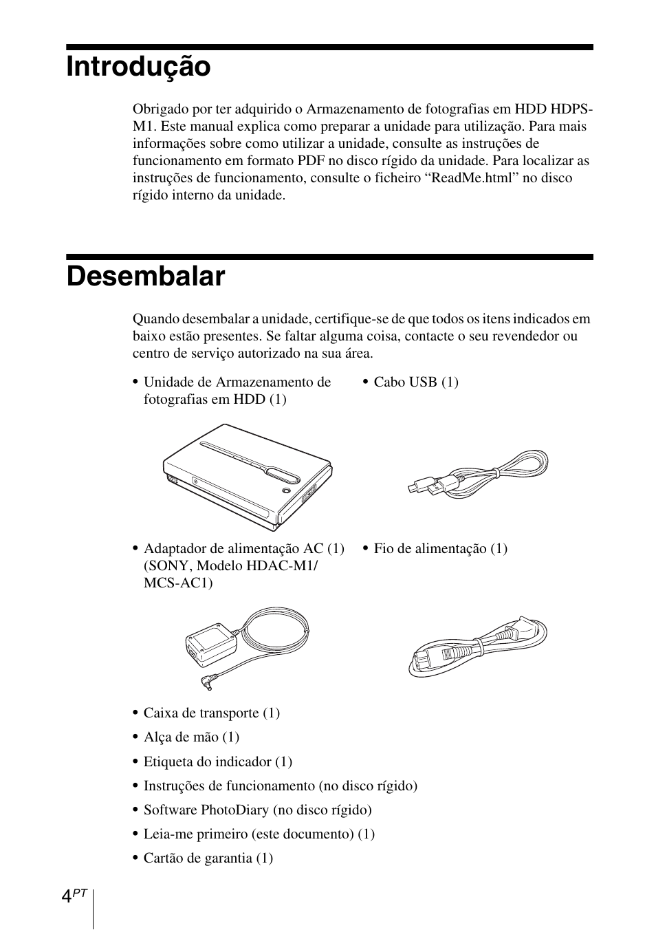 Introdução, Desembalar | Sony HDPS-M1 User Manual | Page 18 / 24