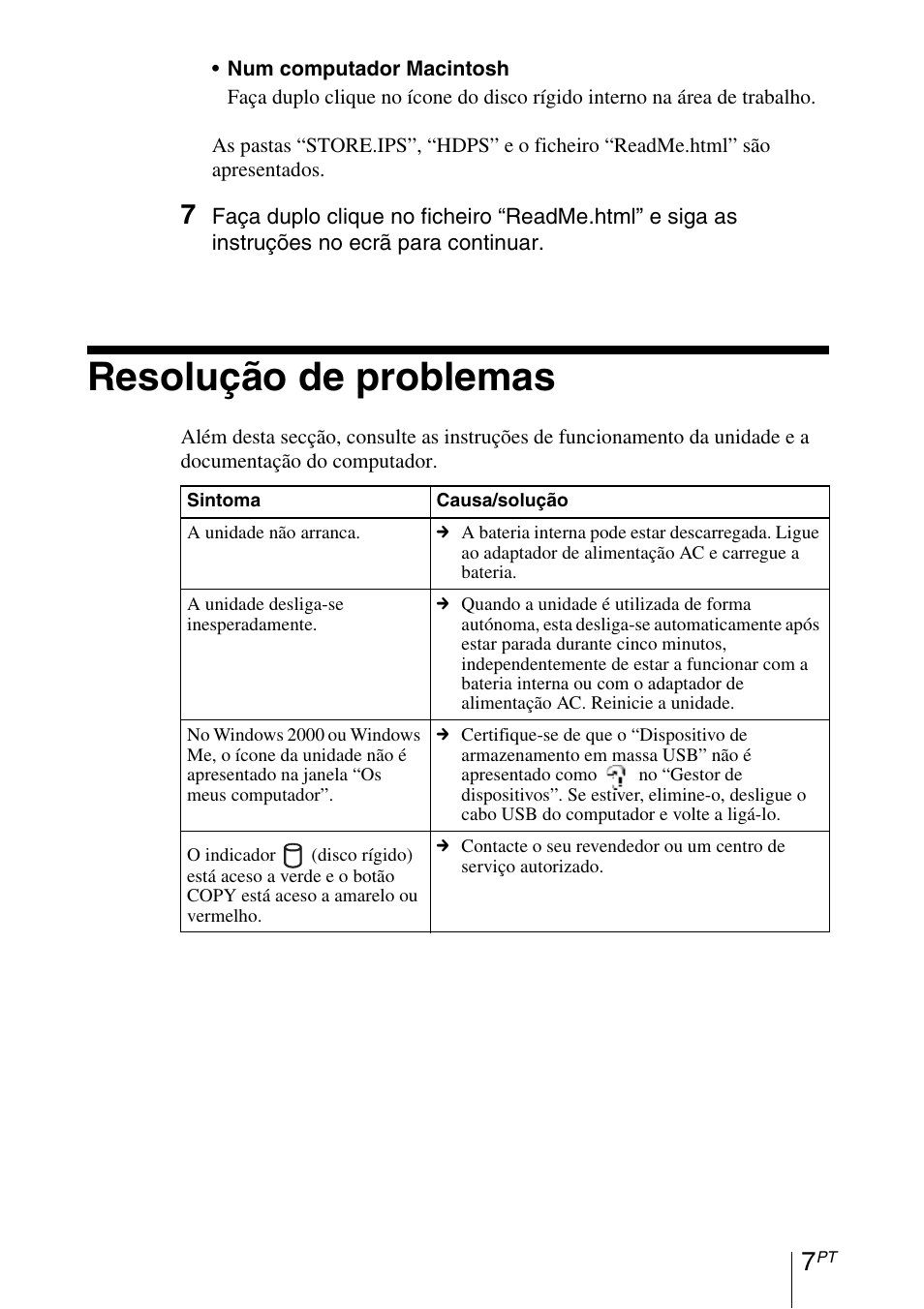 Resolução de problemas | Sony HDPS-M1 User Manual | Page 21 / 24