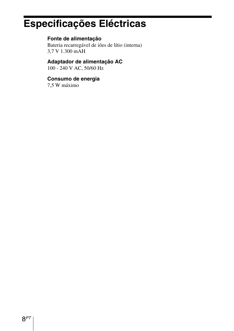 Especificações eléctricas | Sony HDPS-M1 User Manual | Page 22 / 24