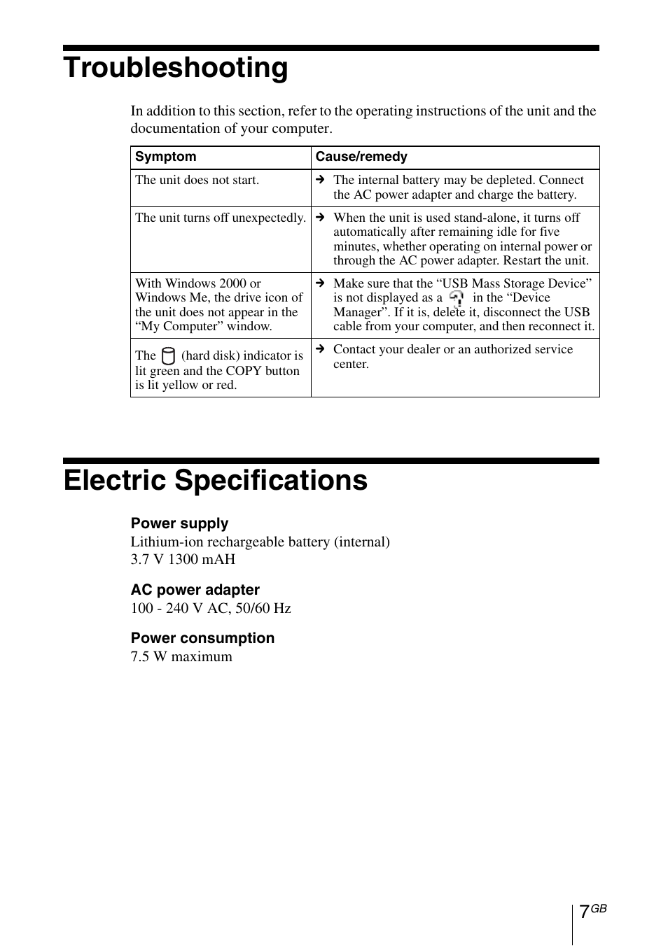 Troubleshooting, Electric specifications | Sony HDPS-M1 User Manual | Page 7 / 24