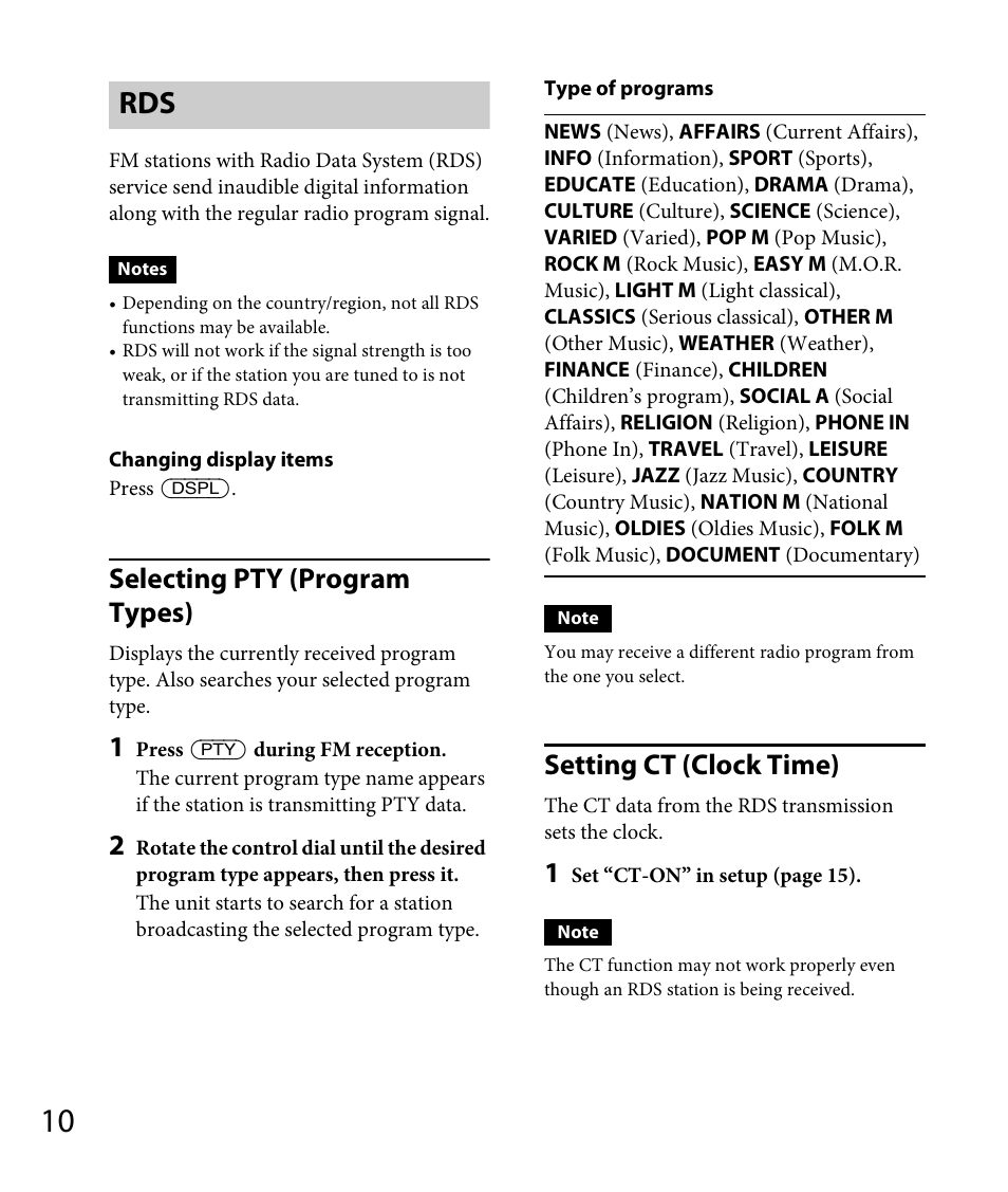 Selecting pty (program types), Setting ct (clock time) | Sony DSX-A30 User Manual | Page 10 / 48