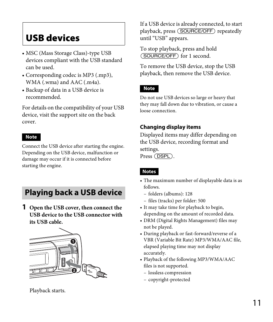 Usb devices, Playing back a usb device | Sony DSX-A30 User Manual | Page 11 / 48