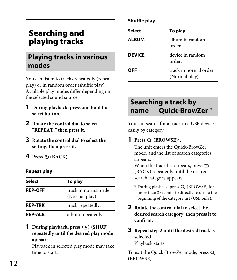 Searching and playing tracks, Playing tracks in various modes, Searching a track by name — quick-browzer | Sony DSX-A30 User Manual | Page 12 / 48