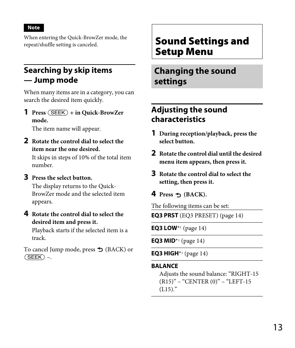 Sound settings and setup menu, Changing the sound settings, Searching by skip items — jump mode | Adjusting the sound characteristics 1 | Sony DSX-A30 User Manual | Page 13 / 48