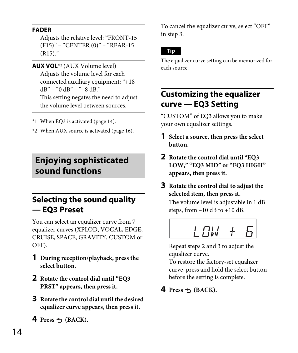 Enjoying sophisticated sound functions, Selecting the sound quality — eq3 preset, Customizing the equalizer curve — eq3 setting | Sony DSX-A30 User Manual | Page 14 / 48
