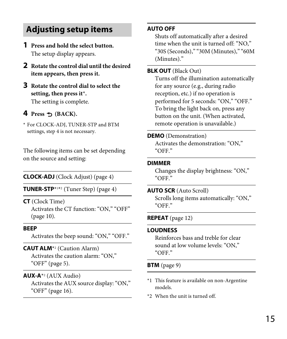 Adjusting setup items | Sony DSX-A30 User Manual | Page 15 / 48
