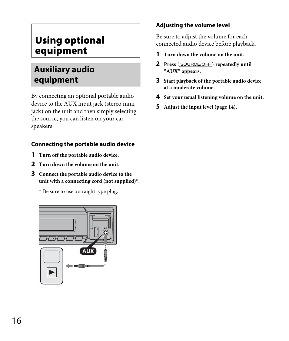 Using optional equipment, Auxiliary audio equipment | Sony DSX-A30 User Manual | Page 16 / 48