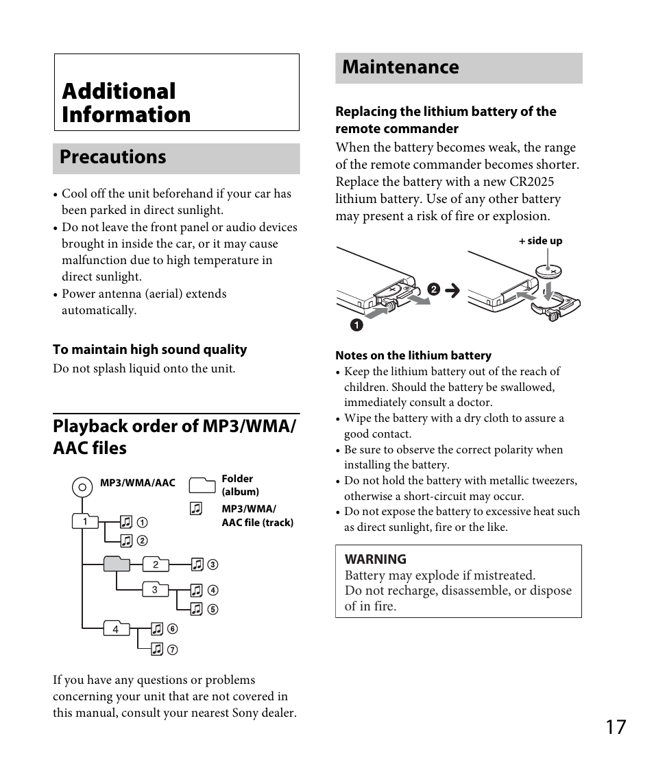 Additional information, Precautions, Maintenance | Precautions maintenance, Playback order of mp3/wma/ aac files | Sony DSX-A30 User Manual | Page 17 / 48