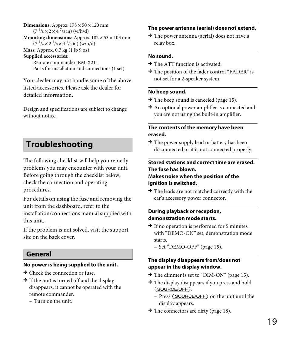 Troubleshooting, General | Sony DSX-A30 User Manual | Page 19 / 48