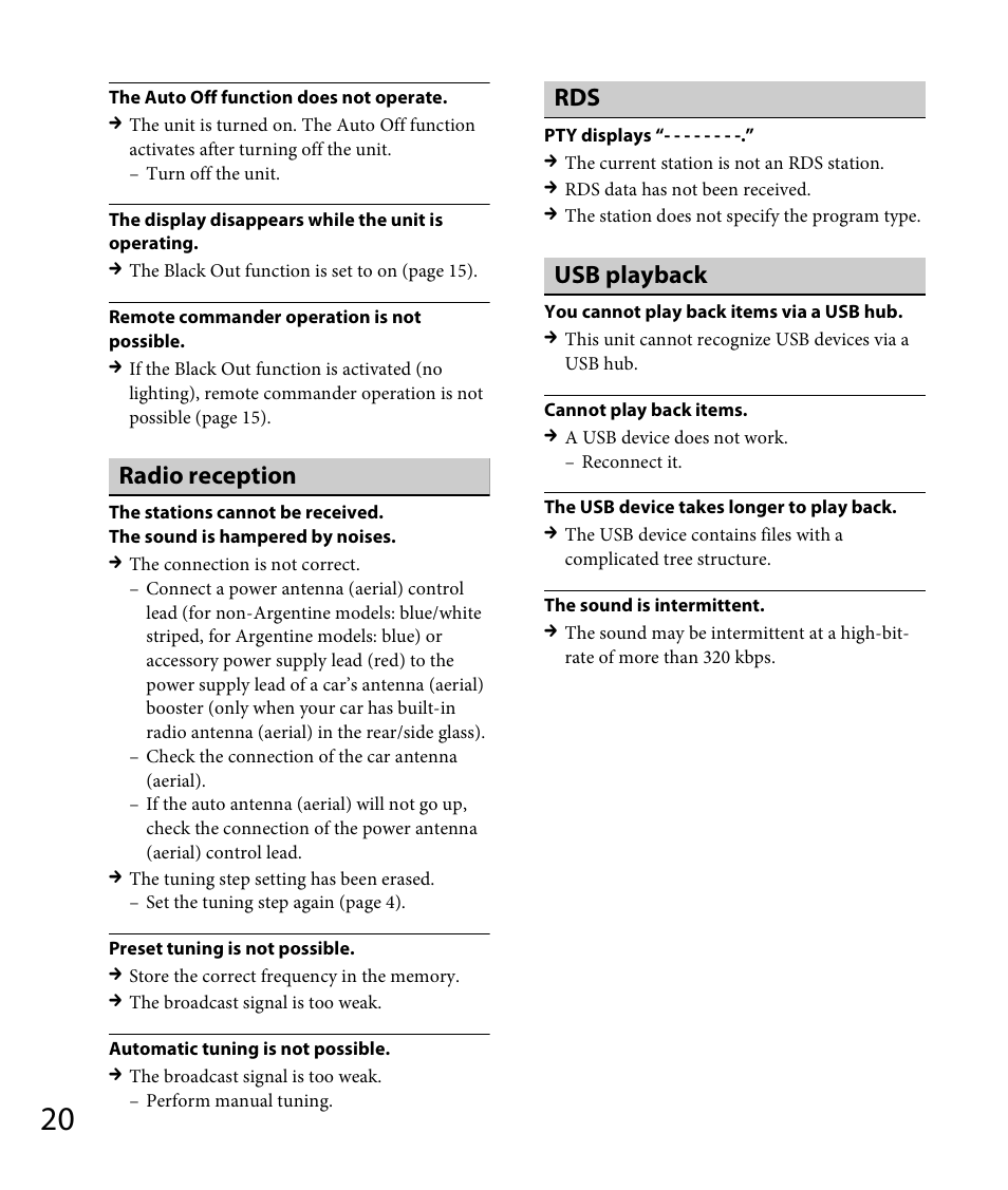 Radio reception, Usb playback | Sony DSX-A30 User Manual | Page 20 / 48