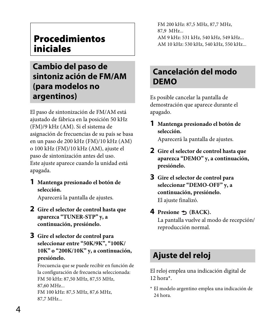 Procedimientos iniciales, Cancelación del modo demo, Ajuste del reloj | Sony DSX-A30 User Manual | Page 24 / 48