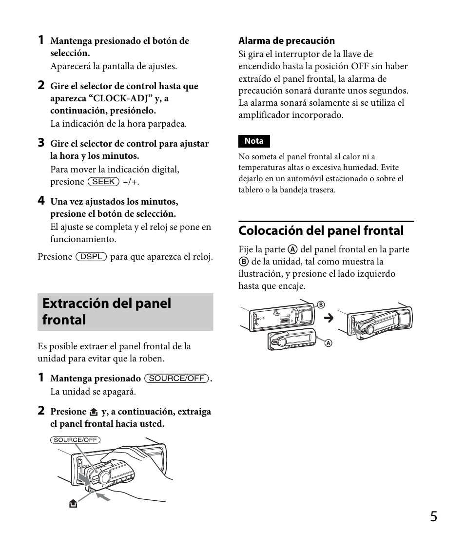 Extracción del panel frontal, Colocación del panel frontal | Sony DSX-A30 User Manual | Page 25 / 48