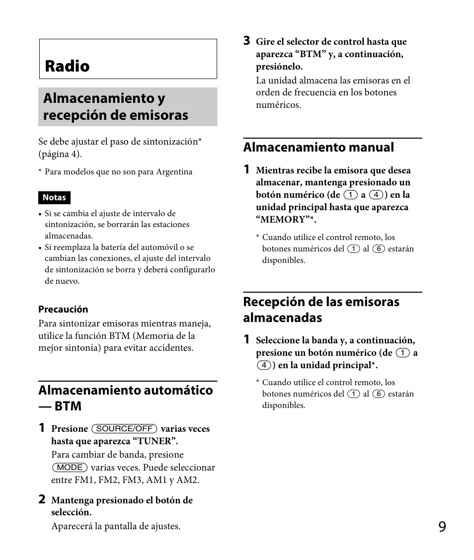 Radio, Almacenamiento y recepción de emisoras, Almacenamiento automático — btm 1 | Almacenamiento manual 1, Recepción de las emisoras almacenadas 1 | Sony DSX-A30 User Manual | Page 29 / 48