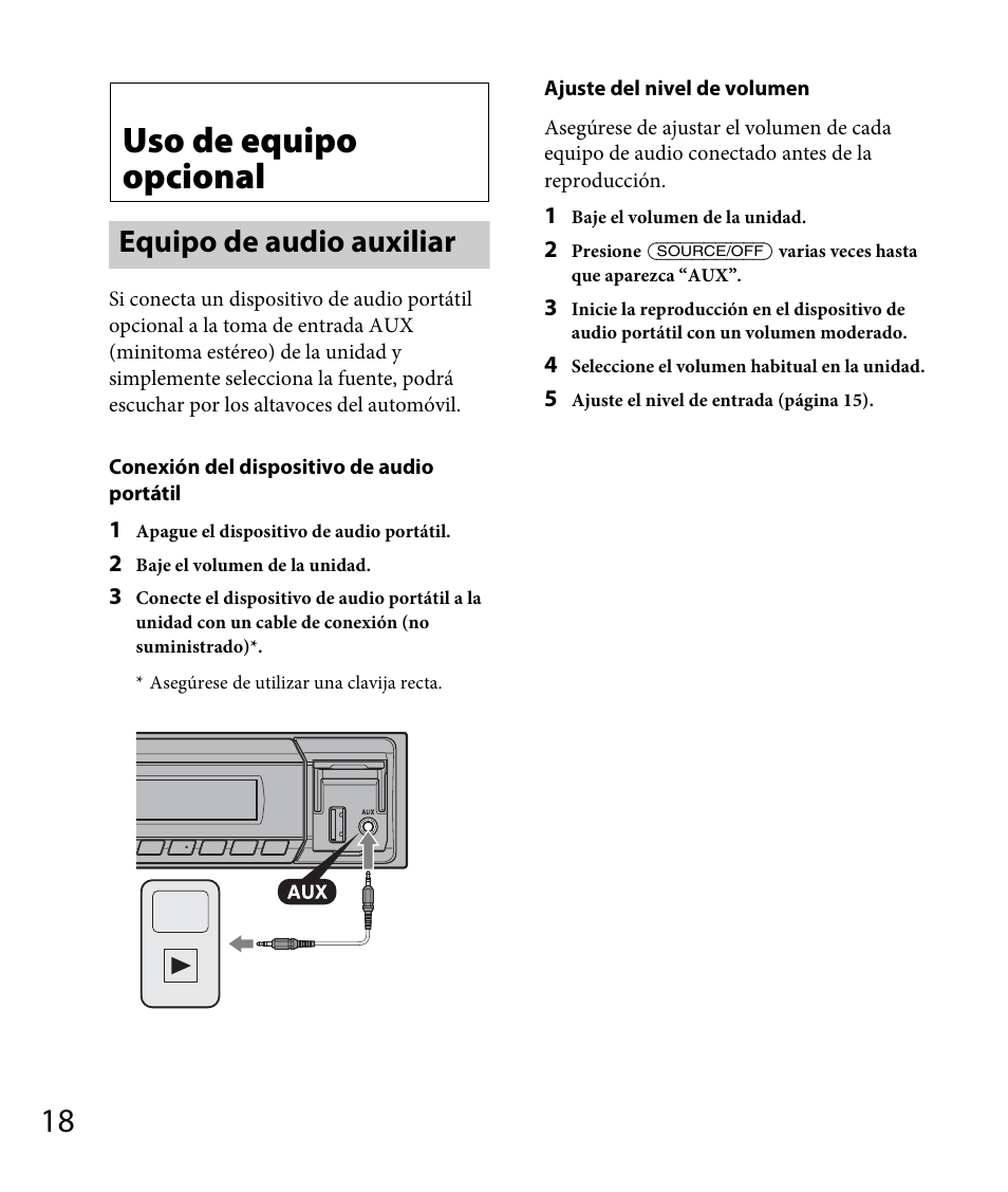 Uso de equipo opcional, Equipo de audio auxiliar | Sony DSX-A30 User Manual | Page 38 / 48