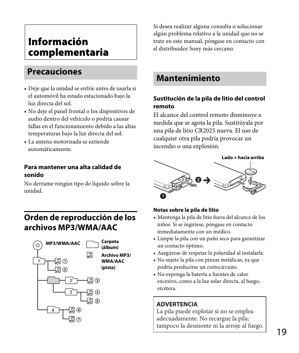 Información complementaria, Precauciones, Mantenimiento | Precauciones mantenimiento, Orden de reproducción de los archivos mp3/wma/aac | Sony DSX-A30 User Manual | Page 39 / 48