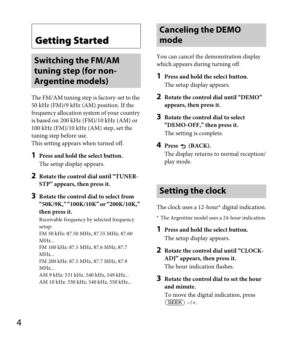 Getting started, Canceling the demo mode, Setting the clock | Sony DSX-A30 User Manual | Page 4 / 48