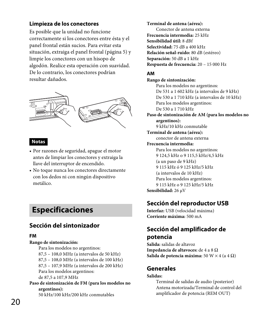 Especificaciones, Sección del sintonizador, Sección del reproductor usb | Sección del amplificador de potencia, Generales | Sony DSX-A30 User Manual | Page 40 / 48