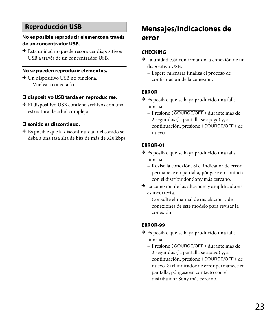Mensajes/indicaciones de error, Reproducción usb | Sony DSX-A30 User Manual | Page 43 / 48