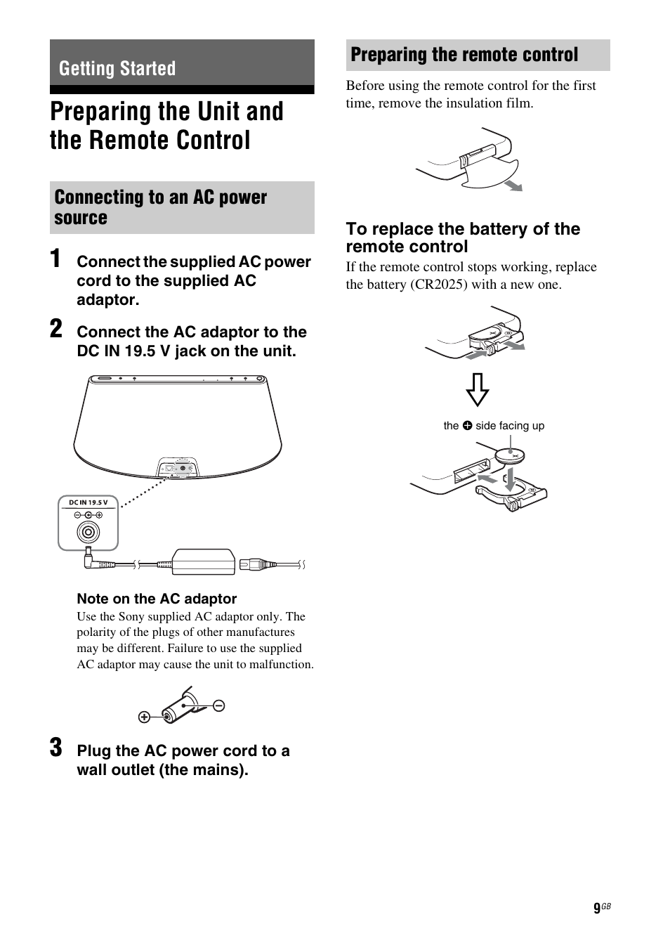 Getting started, Preparing the unit and the remote control, Connecting to an ac power source | Preparing the remote control, Preparing the unit and the remote, Preparing the unit and the remote control 1 | Sony RDP-XA700iP User Manual | Page 13 / 100