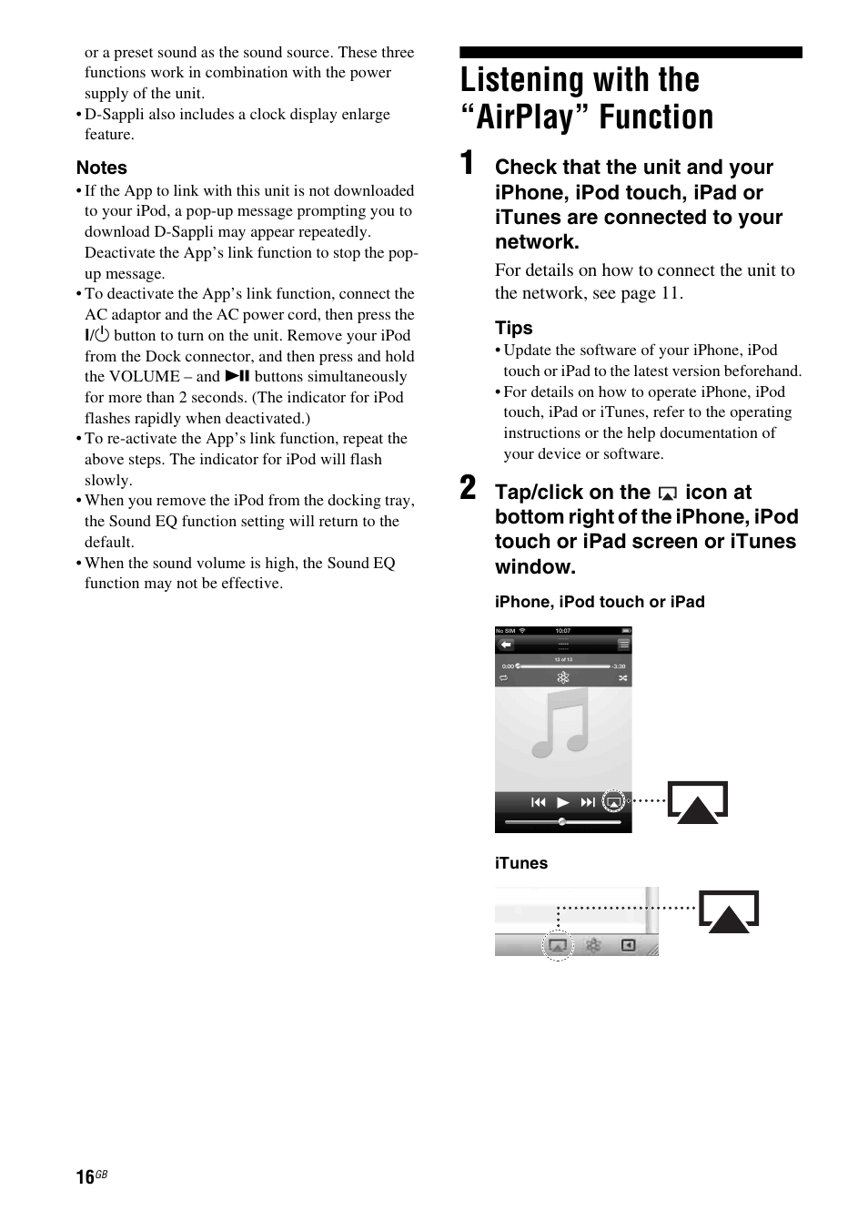 Listening with the “airplay” function, Listening with the “airplay” function 1 | Sony RDP-XA700iP User Manual | Page 20 / 100