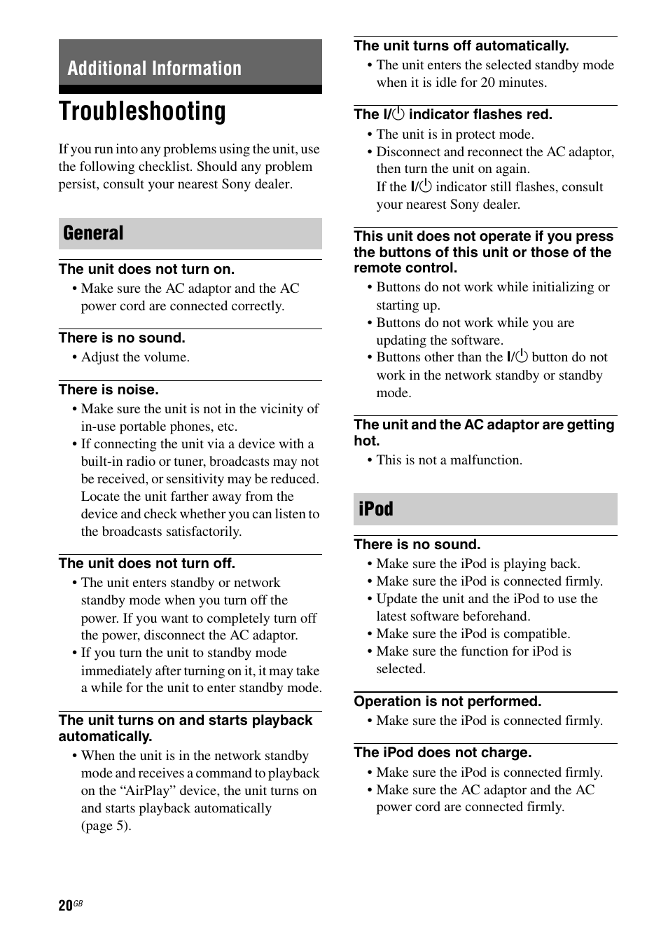 Additional information, Troubleshooting, Additional information general ipod | Sony RDP-XA700iP User Manual | Page 24 / 100