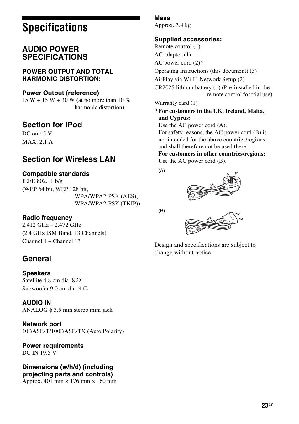 Specifications, Audio power specifications, General | Sony RDP-XA700iP User Manual | Page 27 / 100