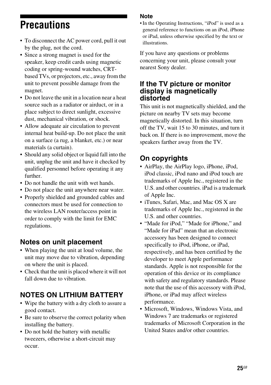 Precautions, On copyrights | Sony RDP-XA700iP User Manual | Page 29 / 100