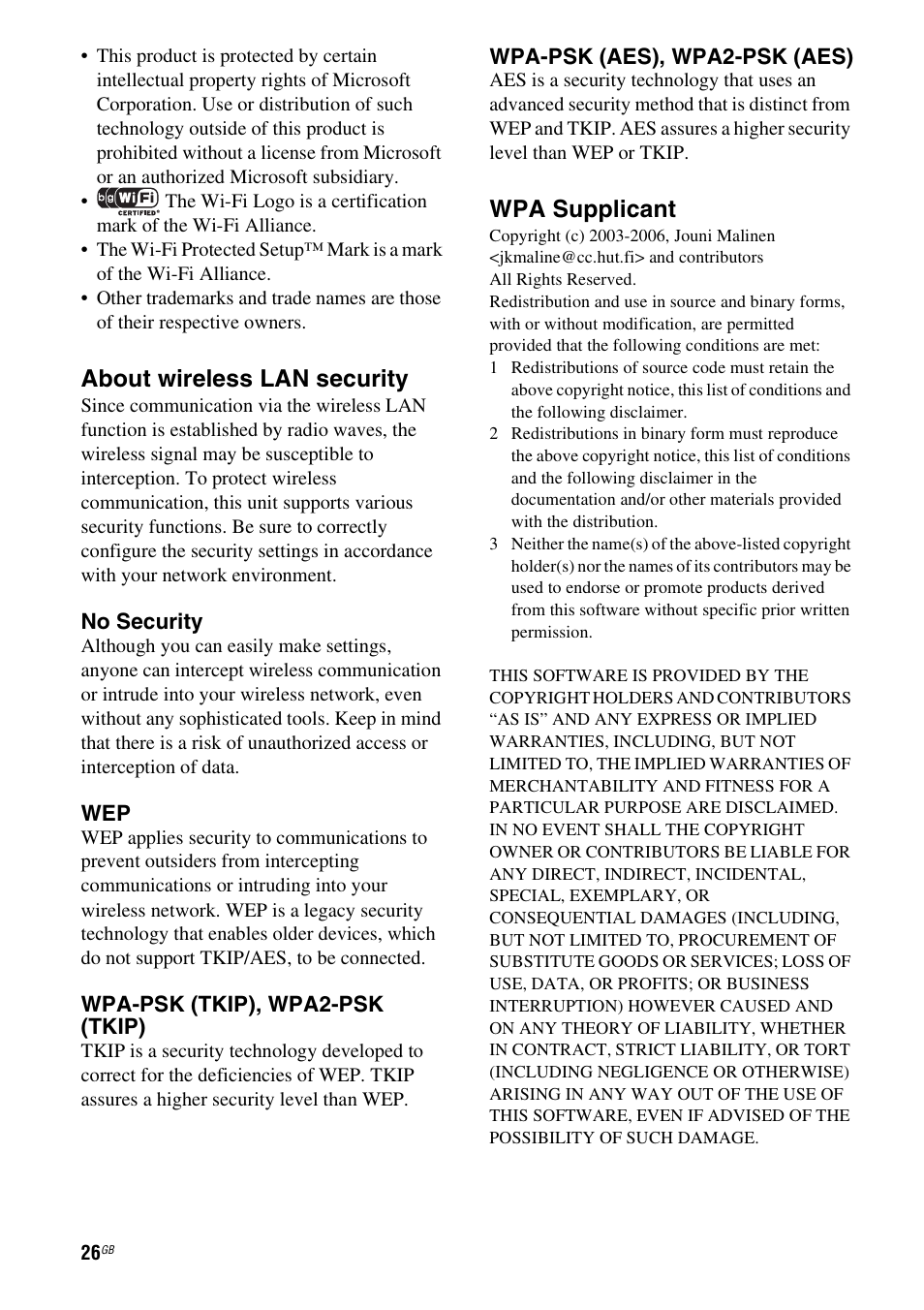 About wireless lan security, Wpa supplicant | Sony RDP-XA700iP User Manual | Page 30 / 100