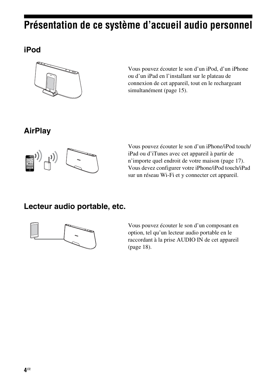 Présentation de ce système d’accueil audio, Personnel, Ipod | Airplay, Lecteur audio portable, etc | Sony RDP-XA700iP User Manual | Page 38 / 100