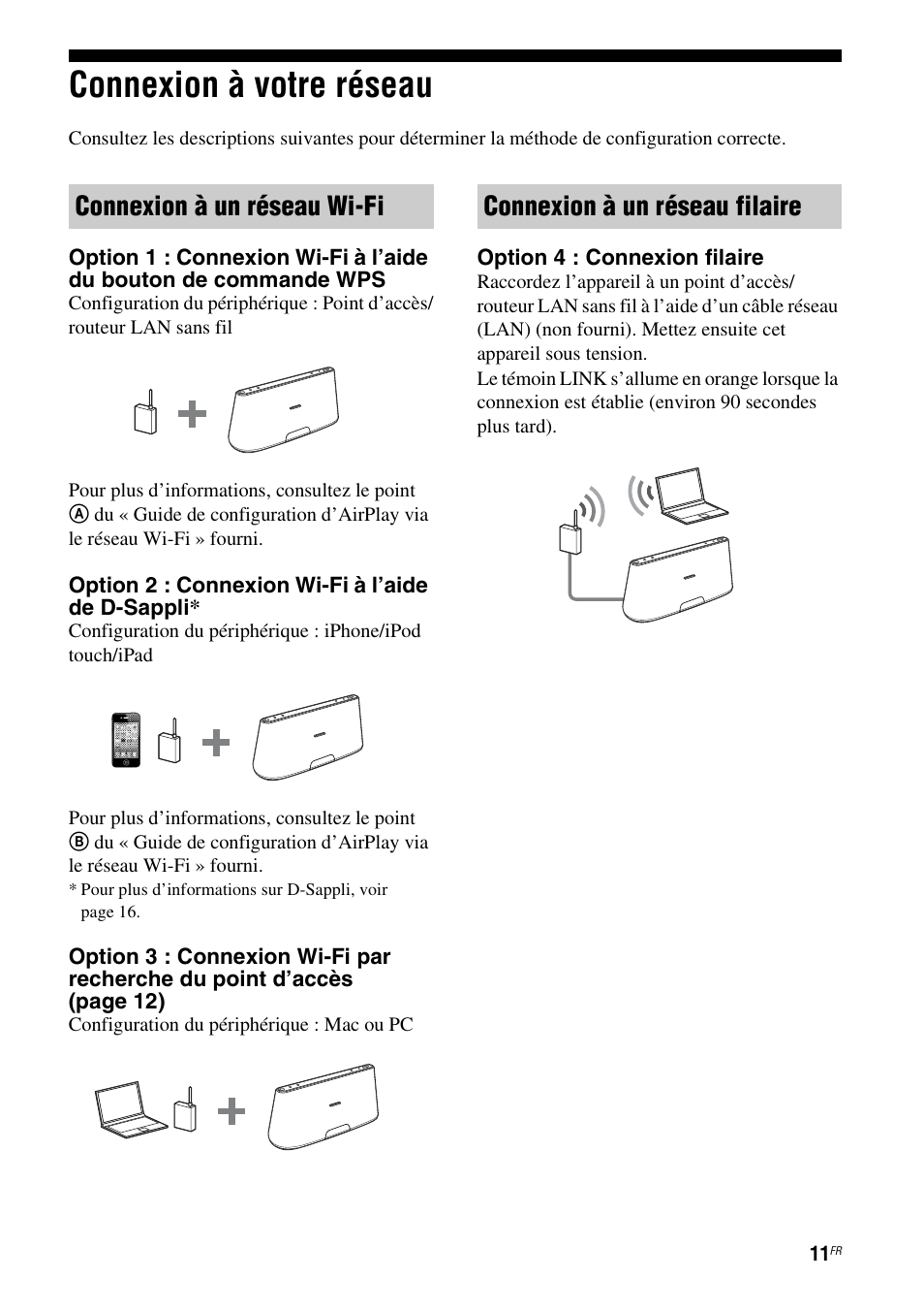 Connexion à votre réseau, Connexion à un réseau wi-fi, Connexion à un réseau filaire | Sony RDP-XA700iP User Manual | Page 45 / 100