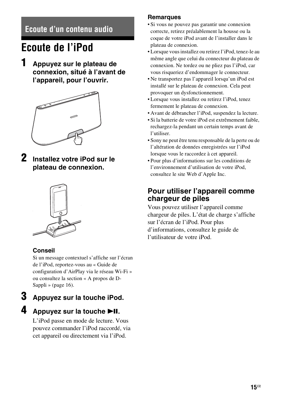 Ecoute d’un contenu audio, Ecoute de l’ipod, Ecoute de l’ipod 1 | Sony RDP-XA700iP User Manual | Page 49 / 100