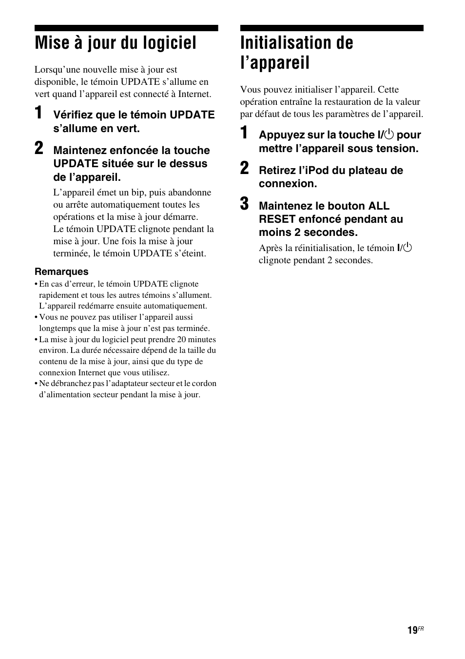 Mise à jour du logiciel, Initialisation de l’appareil | Sony RDP-XA700iP User Manual | Page 53 / 100