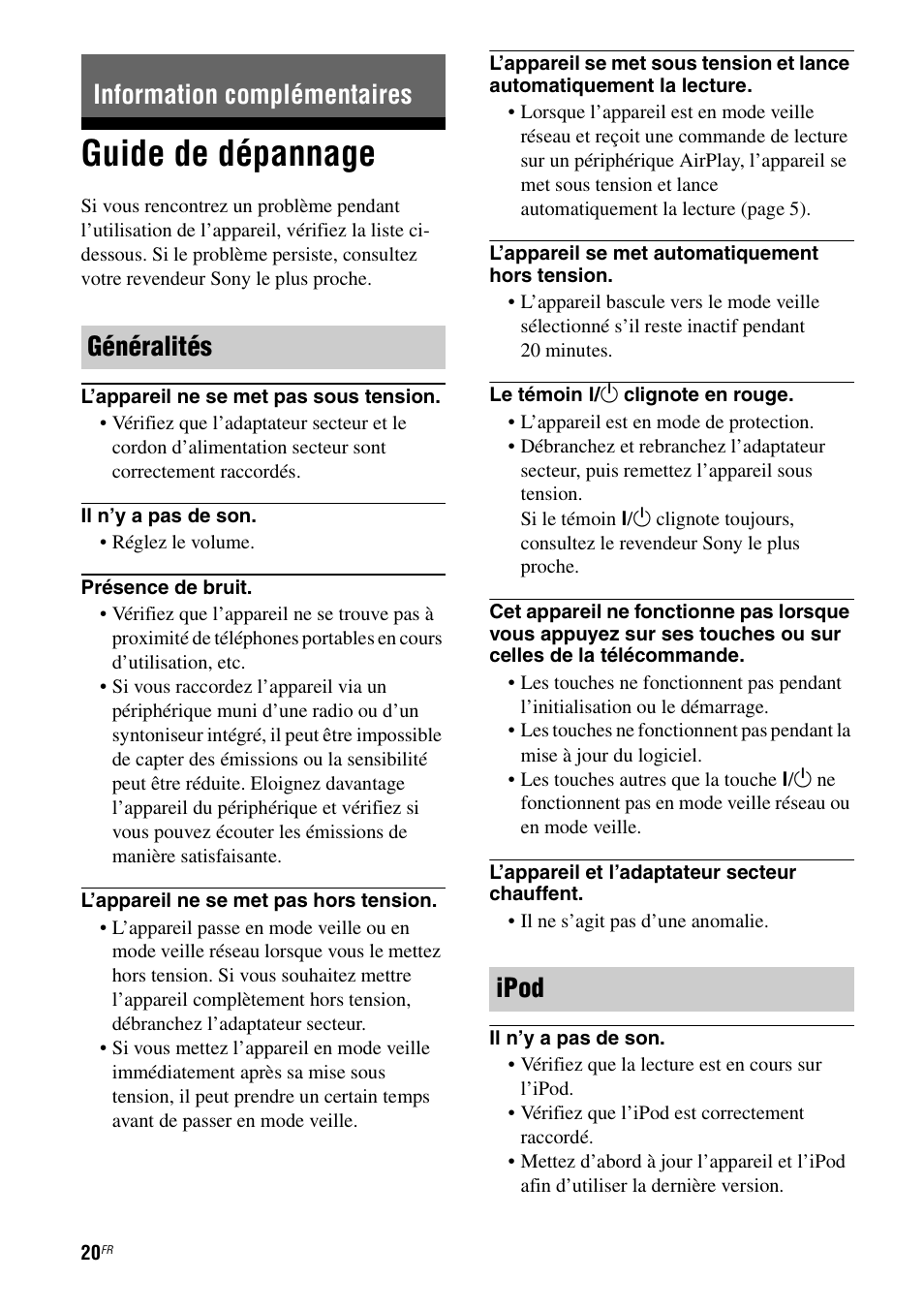 Information complémentaires, Guide de dépannage, Information complémentaires généralités ipod | Sony RDP-XA700iP User Manual | Page 54 / 100