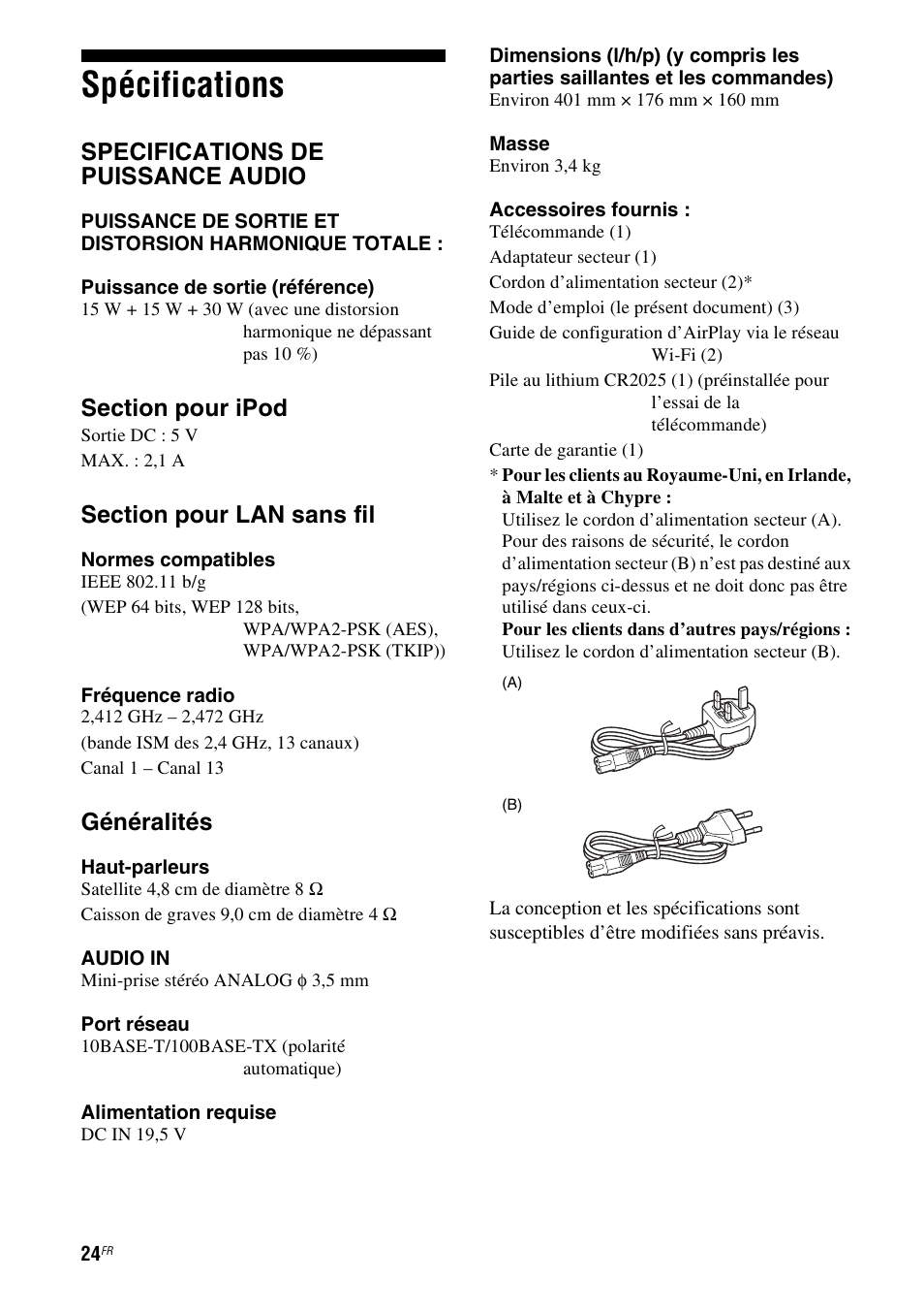 Spécifications, Specifications de puissance audio, Généralités | Sony RDP-XA700iP User Manual | Page 58 / 100