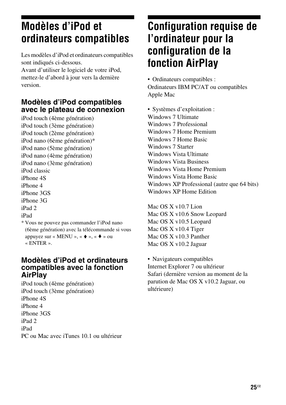 Modèles d’ipod et ordinateurs compatibles, Modèles d’ipod et ordinateurs, Compatibles | Configuration requise de l’ordinateur pour, La configuration de la fonction airplay | Sony RDP-XA700iP User Manual | Page 59 / 100